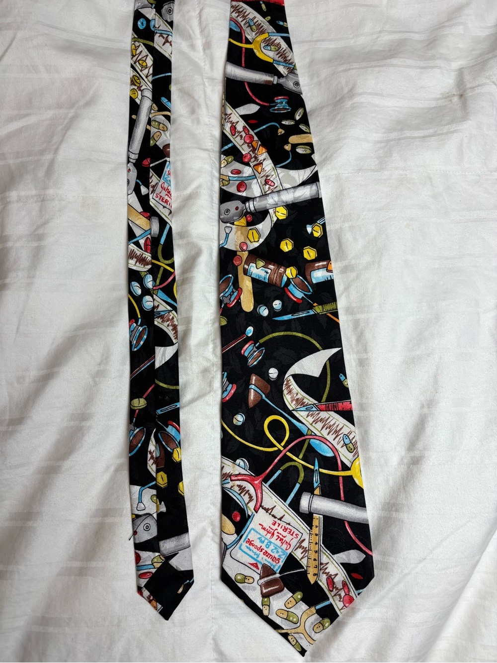 Novelty Medical Tools Print Black Silk Tie